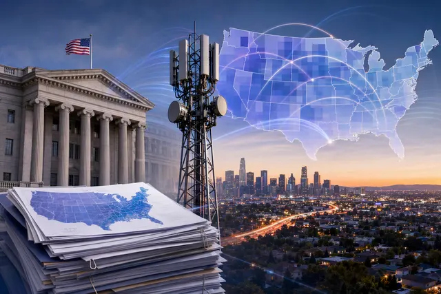 Editorial illustration of U.S. wireless spectrum auctions and mobile network connectivity