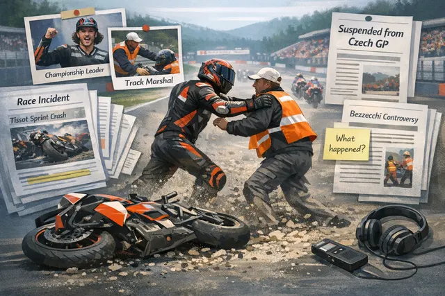 Marco Bezzecchi's Aprilia RS-GP in the gravel at Brno during the 2026 MotoGP Czech Grand Prix sprint race