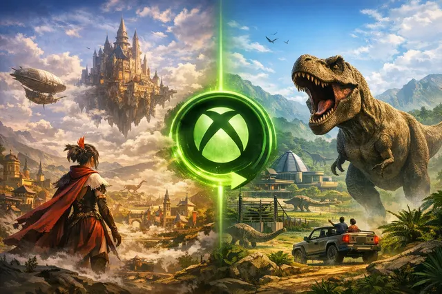 A collage-style montage representing the Xbox Game Pass June 2026 lineup, featuring a classic fantasy RPG character and a dinosaur in a futuristic park setting.