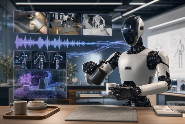 Editorial illustration of an embodied AI robot processing audio, video, speech, and motion signals