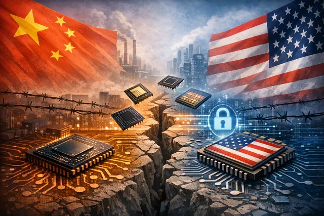Illustration of US-China semiconductor export controls tension with chip imagery and regulatory documents