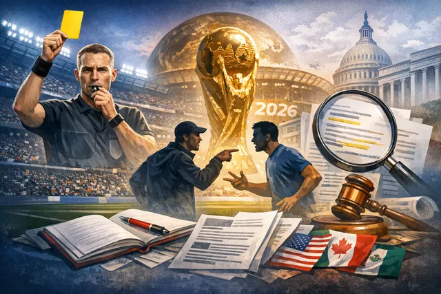 FIFA 2026 World Cup controversy graphic showing VAR review, red card, and political interference themes