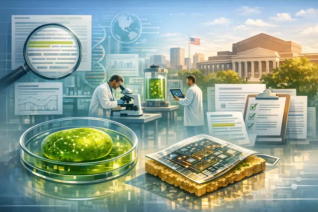 Digital rendering of SpudCell, the first synthetic cell assembled from non-living chemical components, showing a membrane-bound structure with DNA loops and molecular machinery.