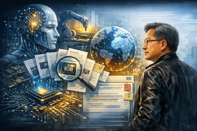 Nvidia CEO Jensen Huang speaking at an AI summit in Tokyo, with stock market tickers showing declines in the background