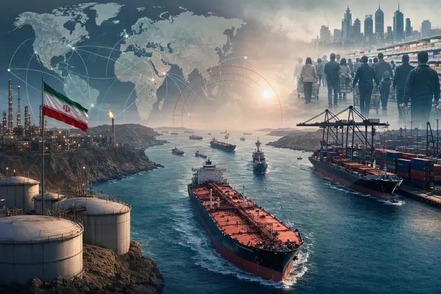 AI-generated editorial illustration representing Strait of Hormuz shipping and fuel-supply disruption