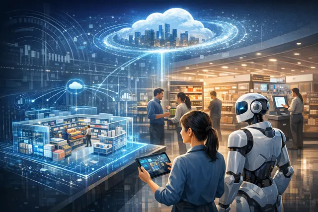 A conceptual illustration of a retail store transforming into a glowing digital twin with connected data points, representing the Hanshow-Microsoft xPilot AI assistant.