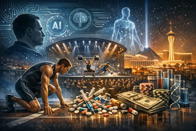 Illustration of the Enhanced Games’ Las Vegas sports spectacle alongside financial charts representing Enhanced Group’s Q2 loss