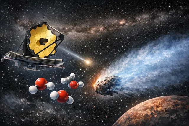 Artistic rendering of interstellar comet 3I/ATLAS with its bright coma and tail, set against a dark starfield, illustrating JWST's chemical analysis.