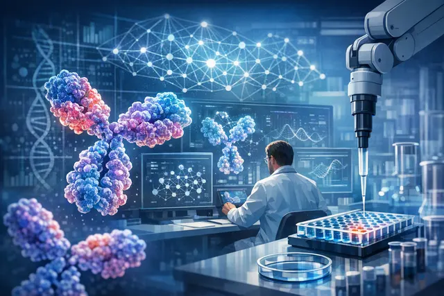 Illustration of AI-designed antibody molecules being evaluated in a blinded laboratory benchmark