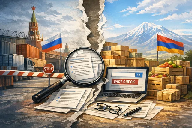 A conceptual image representing trade restrictions between Russia and Armenia, showing a blocked trade route, agricultural produce, and EU flags in the background.