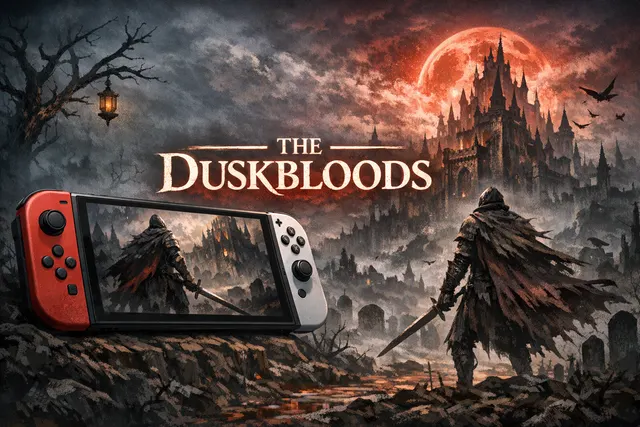 Gothic Victorian architecture and a blood moon from The Duskbloods trailer shown during the June 2026 Nintendo Direct