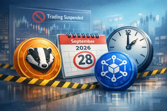 Illustrative crypto exchange trading suspension graphic for BADGER and STORJ verification