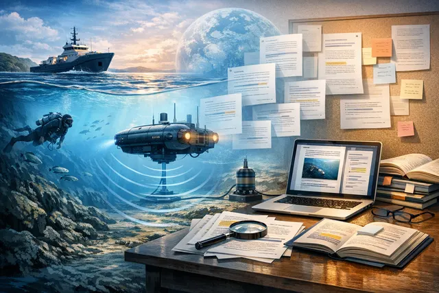 Conceptual visualization of Subatron's ultrasonic underwater wireless communication system transmitting data between a subsea device and a surface buoy.