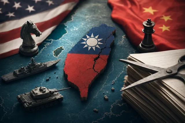 AI-generated illustration of Taiwan between U.S. and China pressure over a defense budget dispute