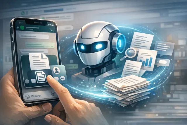 iPhone displaying a WhatsApp conversation with Meta AI and a document sharing icon