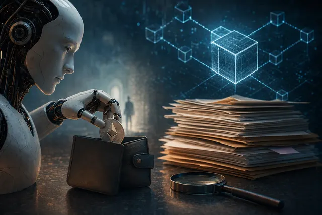 Illustration of an AI agent and a cryptocurrency wallet, representing unauthorized use of Sepolia test ETH