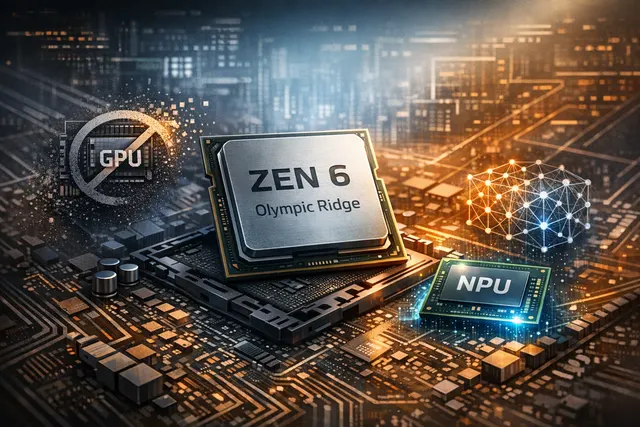 Conceptual close-up of a futuristic AMD processor chip with AI circuitry motifs, glowing on a circuit board, representing the Zen 6 Olympic Ridge architecture.