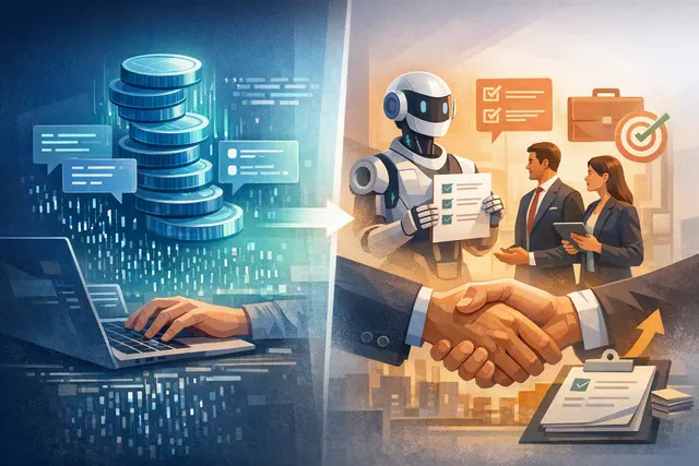 Abstract illustration of an AI agent completing enterprise tasks for outcome-based pricing