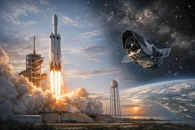 Illustration of NASA’s Nancy Grace Roman Space Telescope launching aboard a SpaceX Falcon Heavy rocket