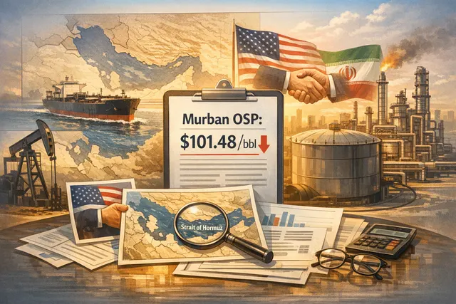 ADNOC Murban crude oil official selling price chart showing three consecutive monthly cuts from $110.75 to $101.48 per barrel, with annotations showing the US-Iran Hormuz agreement