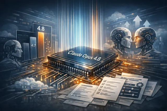 Claude Opus 4.8 launch visual with the Anthropic logo and a clean, modern AI-themed illustration