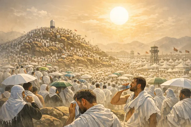 Mass gathering of Hajj pilgrims on Mount Arafat during the climax of the 2026 pilgrimage under extreme heat