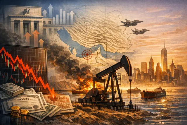 Editorial illustration of falling global stock indexes and rising government bond yields amid an oil-price shock