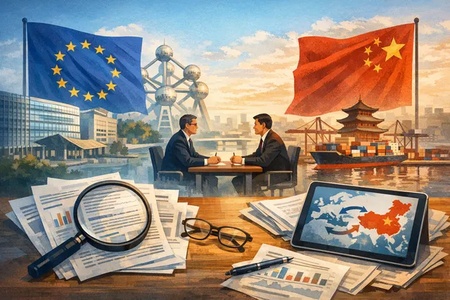 EU and Chinese flags on a conference table, representing the June 2026 EU-China trade talks in Brussels.