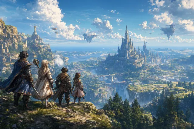 Illustrative fantasy RPG scene evoking pixel-art characters and a richly colored world