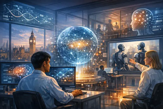Abstract editorial illustration of humans and artificial intelligence jointly evaluating an AI system