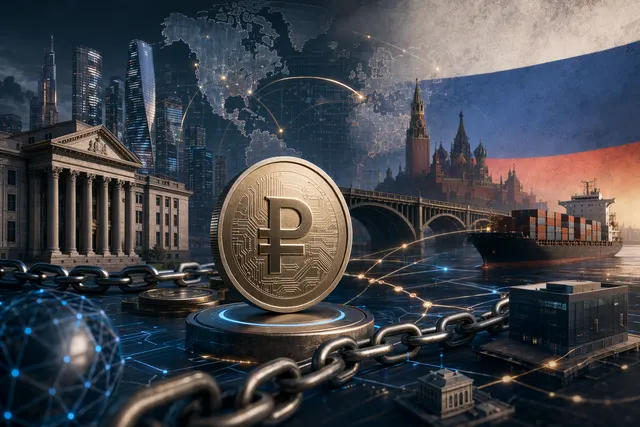 Illustration of a ruble‑pegged stablecoin network connecting crypto exchanges, banks, and blockchain rails