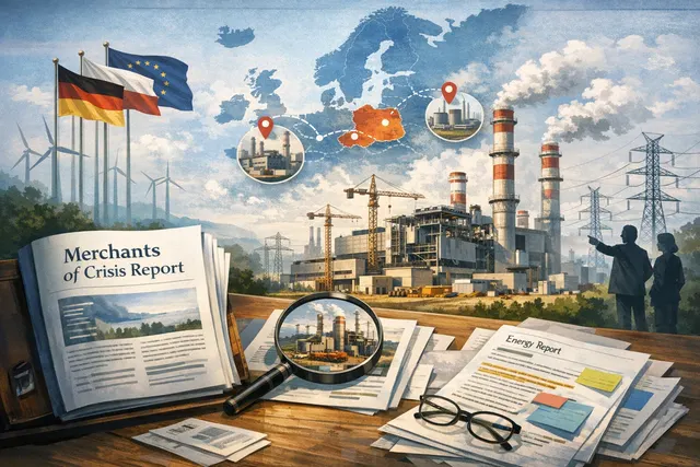 A conceptual image of a gas power plant with cooling towers emitting steam, representing Europe's planned gas expansion.