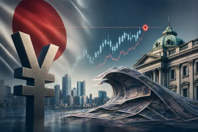 Illustration of Japanese yen and U.S. dollar exchange rate approaching the 160 per dollar threshold