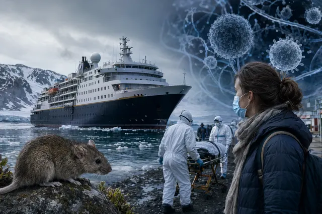 Illustration of a cruise ship at sea with medical quarantine imagery for the MV Hondius hantavirus outbreak