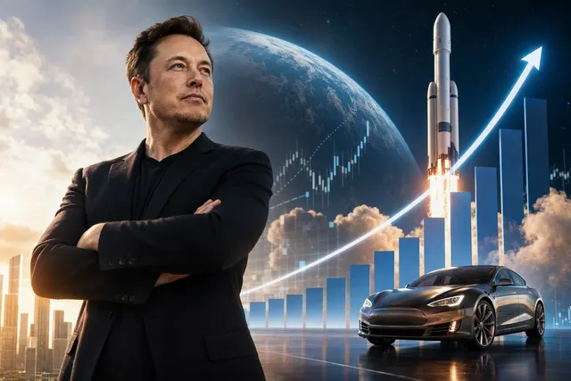 Editorial illustration about Elon Musk’s estimated $892 billion fortune and the September 2026 billionaire ranking