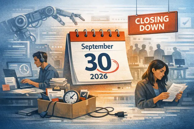 Illustration of Amazon Mechanical Turk closing on September 30, 2026, with human workers and digital AI task symbols