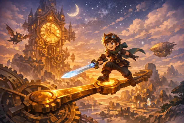 Duskfade character Zirian leaping through a magical steampunk world alongside a mechanical companion