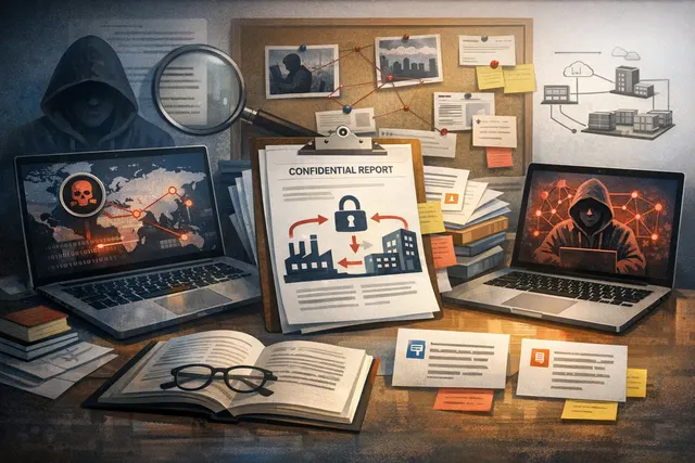 Illustration of a supply chain attack chain showing compromised developer tools cascading to ransomware extortion