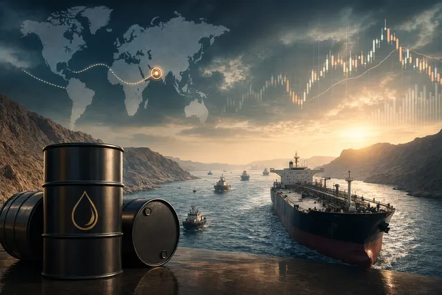 Illustration of oil tankers and global trade routes near the Strait of Hormuz during an energy crisis