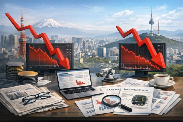 Stock market charts showing sharp decline in Nikkei 225 and KOSPI indices on July 28, 2026