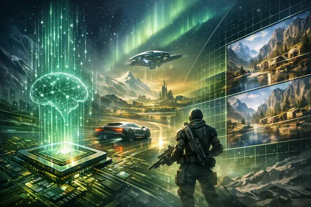 Futuristic game scene illustrating NVIDIA DLSS 5 neural rendering with glowing AI graphics effects