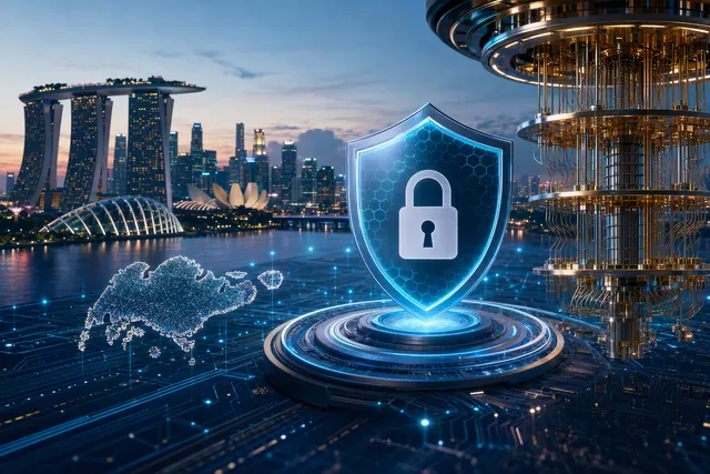Illustration of a digital network protected by quantum-safe technology, with glowing connections around a central shield.