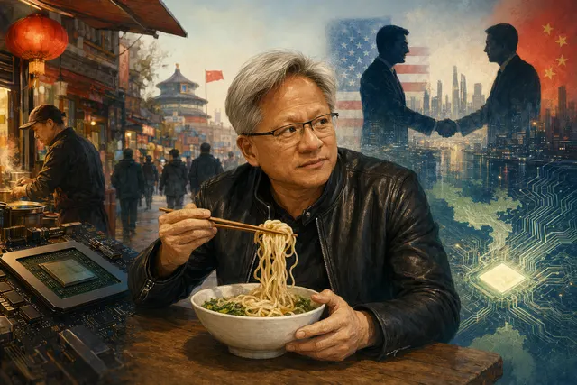 Illustration of Nvidia CEO Jensen Huang eating noodles on a Beijing street during a high-profile China visit
