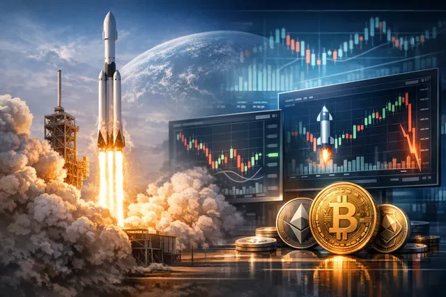 AI-generated editorial hero image for What is the emerging crypto shadow market for SpaceX pre-IPO bets, including the launch and trading volume of synthetic perpetual futures co