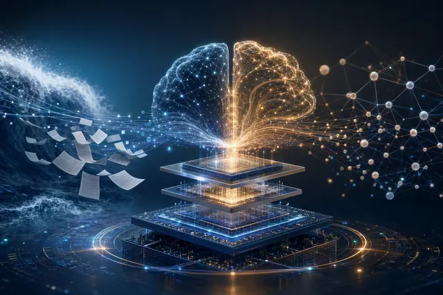 Abstract editorial illustration representing a multimodal AI model and long-context data processing