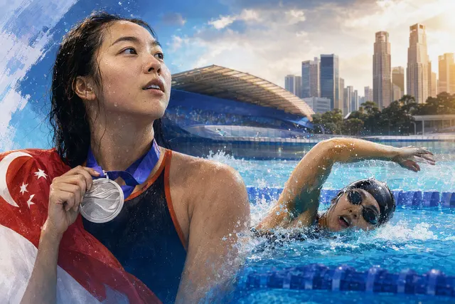 AI-generated editorial illustration representing Gan Ching Hwee’s Asian Games swimming story
