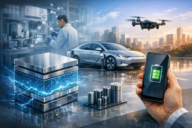 Illustration of a solid-state battery cell beside an electric vehicle and smartphone