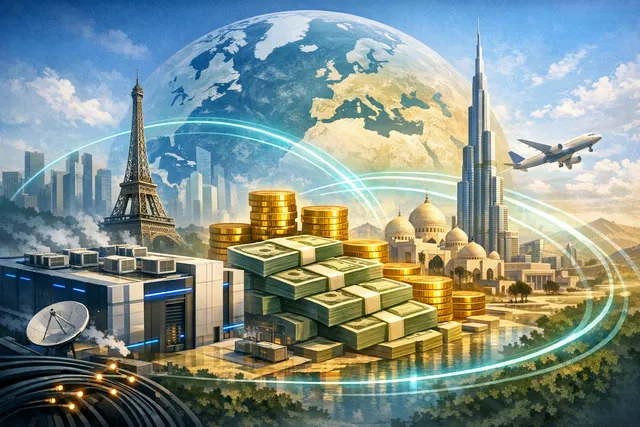 A conceptual illustration contrasting a high-tech European data centre campus with a war-torn Middle Eastern skyline featuring drone activity.