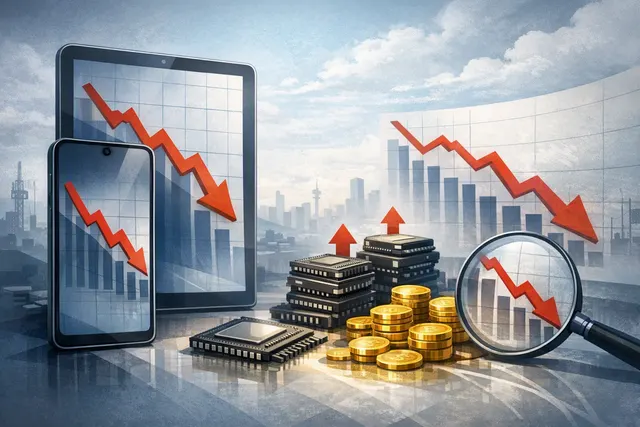Illustration of Xiaomi smartphones, memory chips and an electric vehicle representing the company’s Q2 2026 results