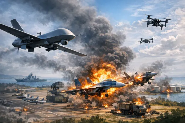 AI-generated illustration of long-range drones targeting aircraft and air-defense systems near the Black Sea